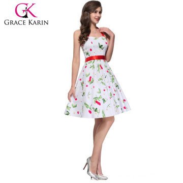 Grace Karin Halter diseño impreso de flores de algodón blanco y negro Retro Vintage vestido CL4596-1 #